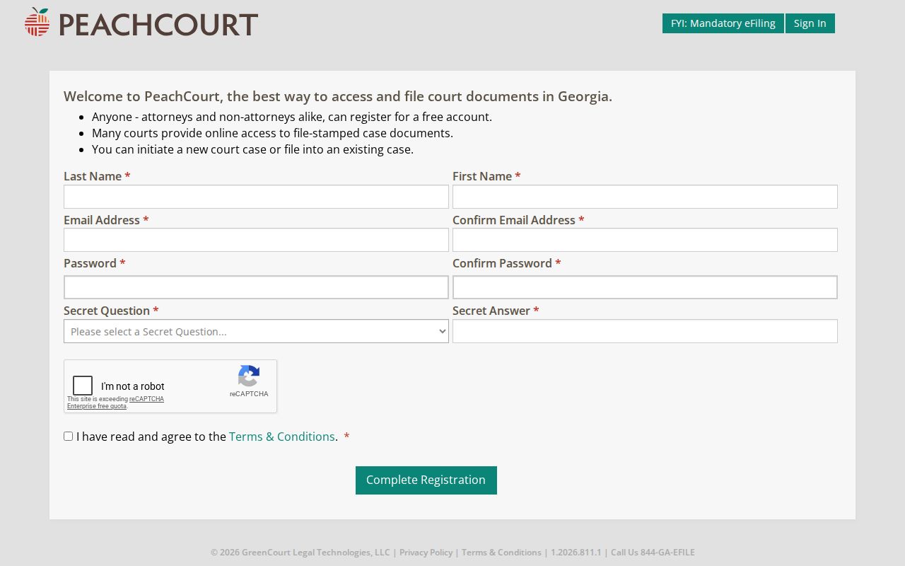 Habersham County case search PeachCourt registration page